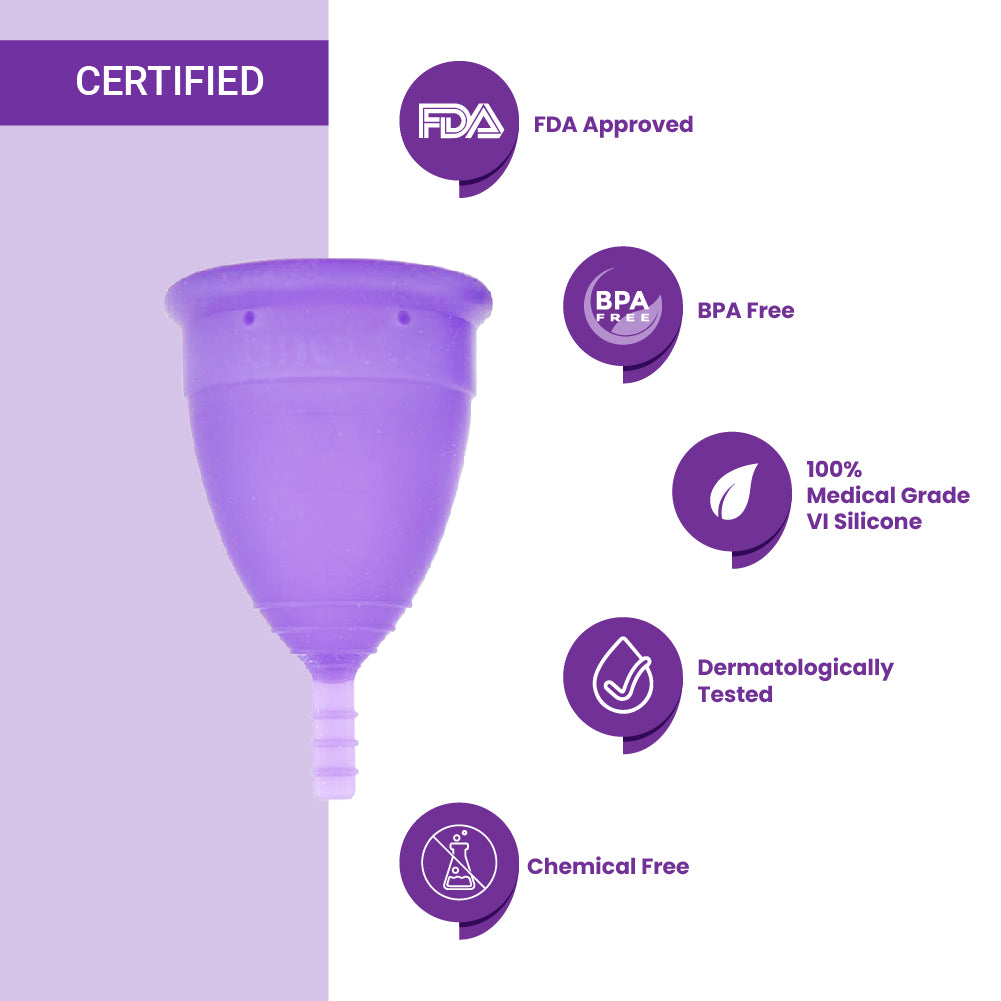 Saathi menstrual cup certifications - FDA approved, BPA free, dermatologically tested, chemical free, 100% medical grade VI silicone