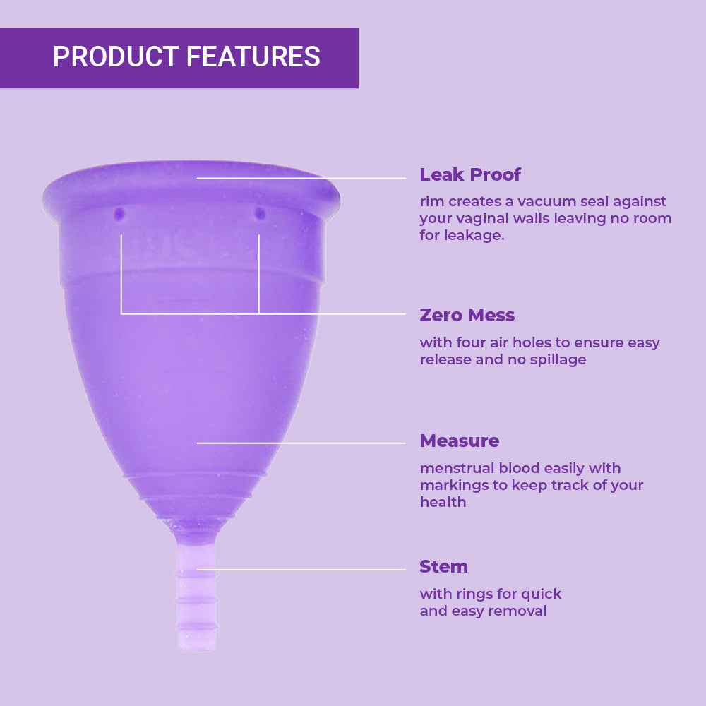 Product features for Saathi menstrual cup leak proof, zero mess