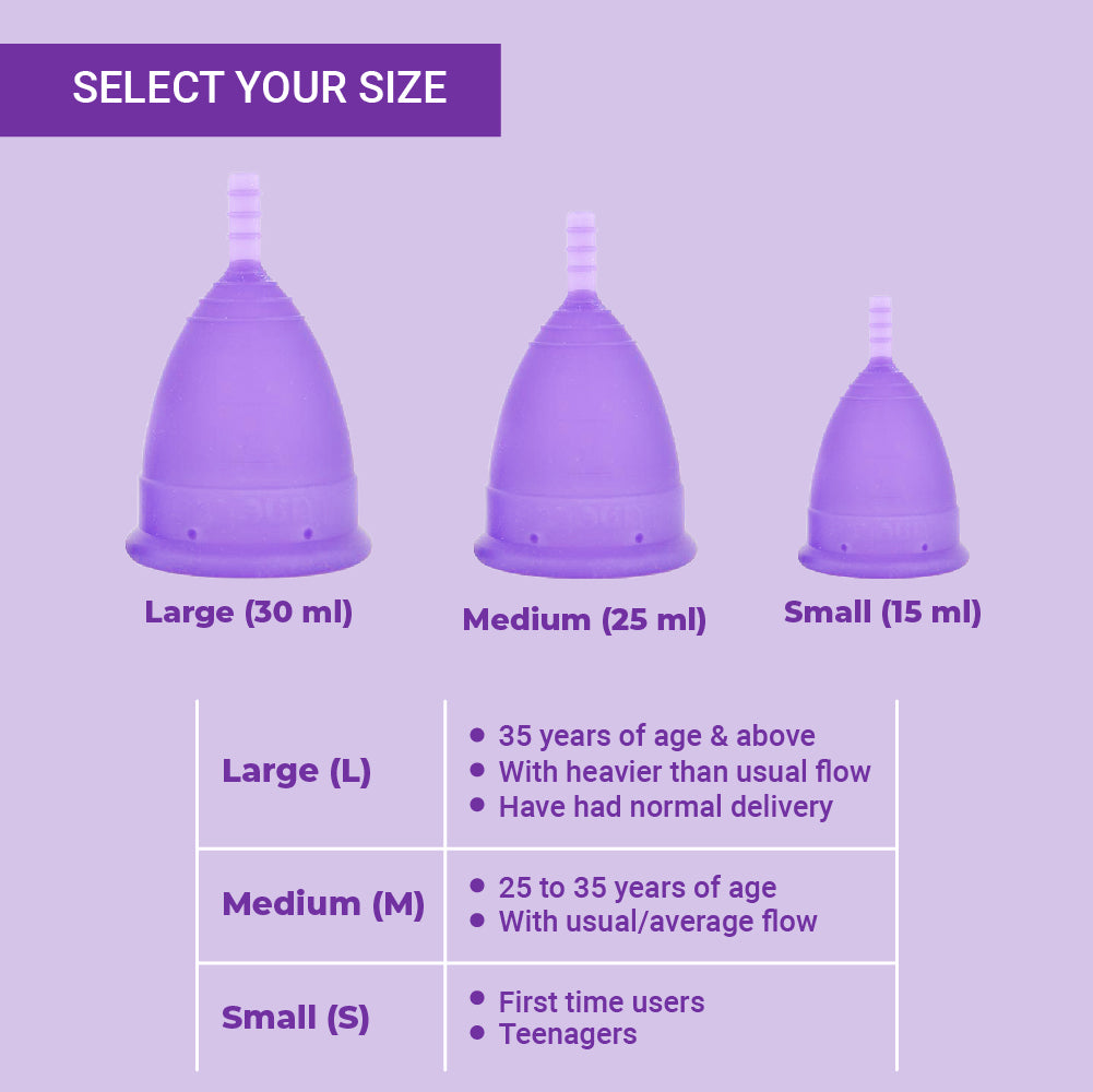 Saathi menstrual cup sizes - large, medium and small